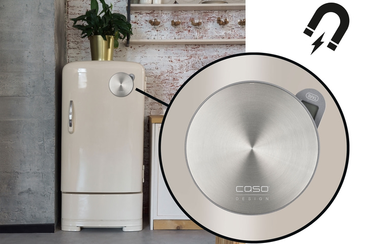 Refrigerator with magnetic scale. Stainless steel design. Kitchen. Magnet. Caso Design.