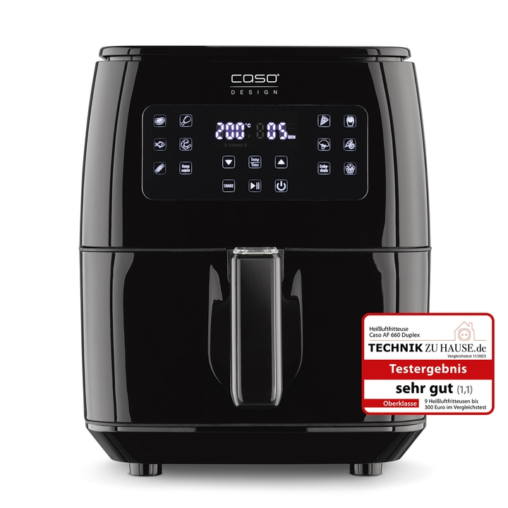 Black air fryer with control panel and 'very good' test result from Technik zu Hause.