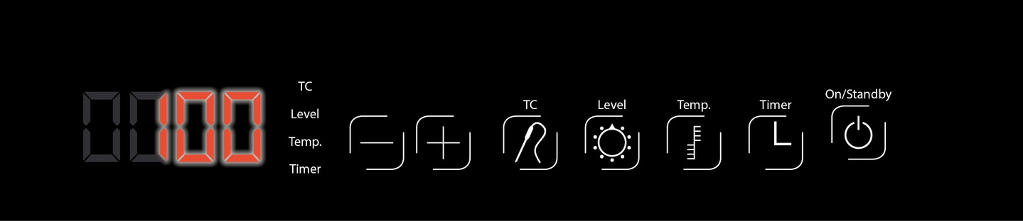 Digitalanzeige mit Temperatur, Timer und anderen Funktionen auf schwarzem Hintergrund.