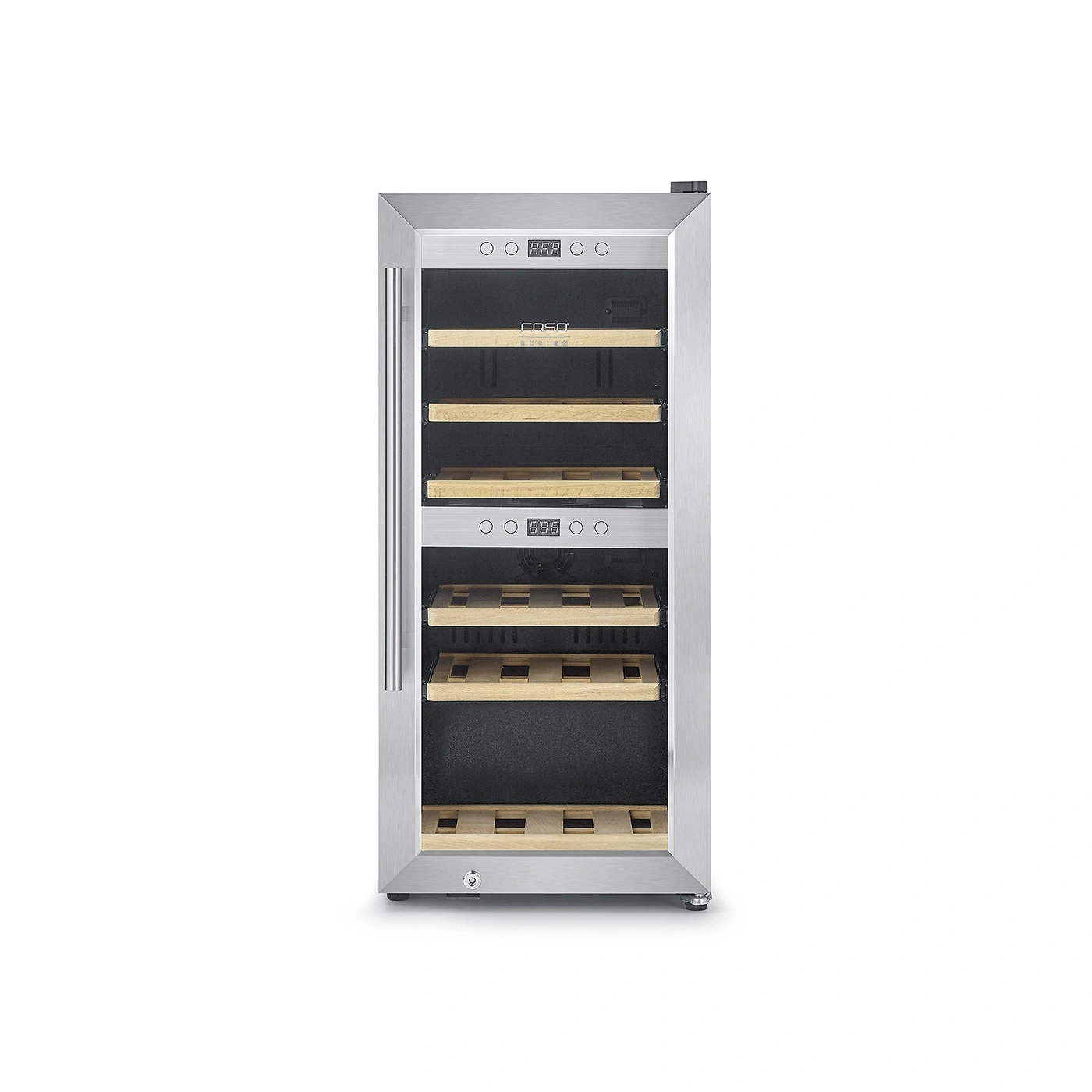 A silver wine cooler with wooden shelves and digital displays.