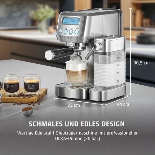 Espressomaschine mit Milchaufschäumer, 22cm breit, 30,5cm hoch, 44cm tief, Caso Design
