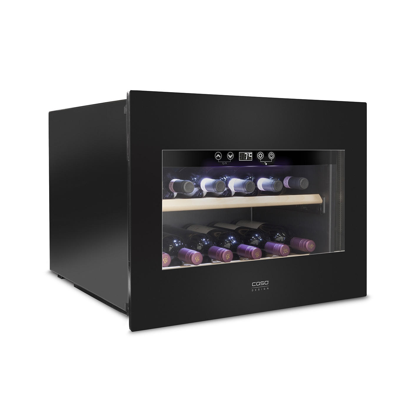 Black wine cooler with glass front, wine bottles inside, Caso Design logo.