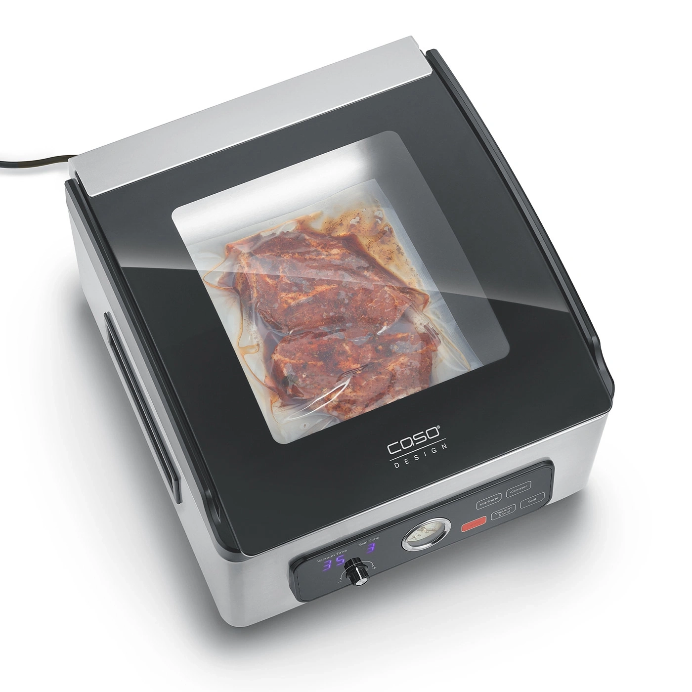 Vakuumiergerät mit Fleisch in einem Beutel, Bedienfeld und Caso Design Logo.