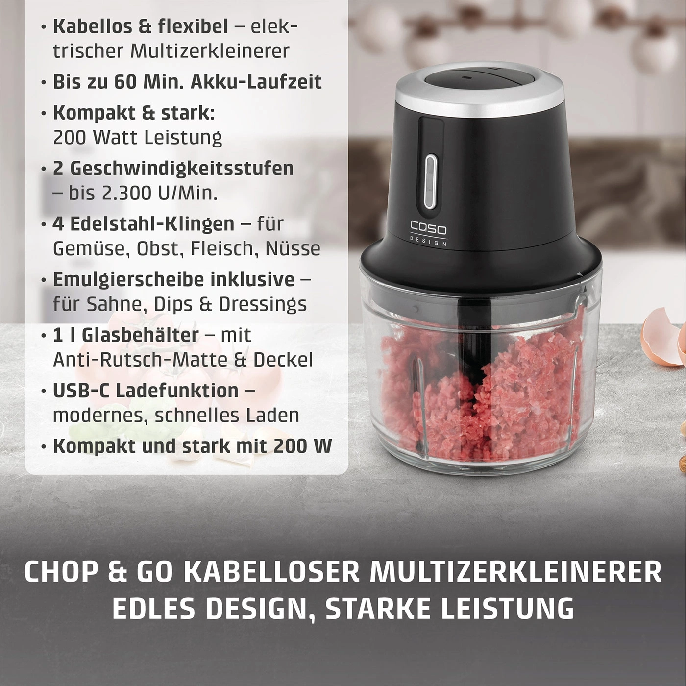 Kabelloser Multizerkleinerer mit 200 Watt Leistung und Glasbehälter.