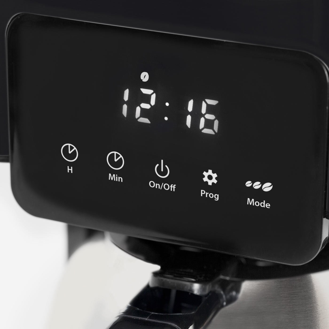 Coffee machine with digital display showing 12:16 and various function buttons for settings.