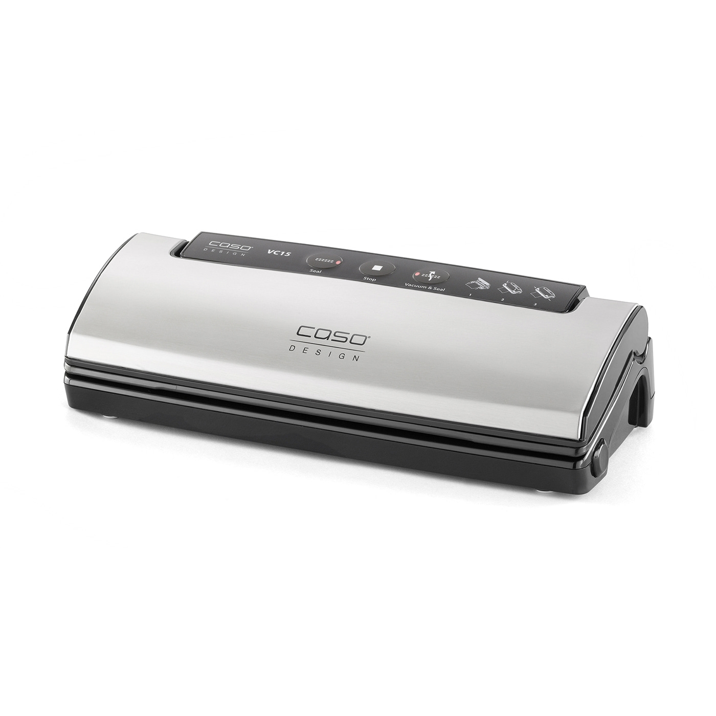 Caso VC15 vacuum sealer, silver, with control panel and logo, on white background