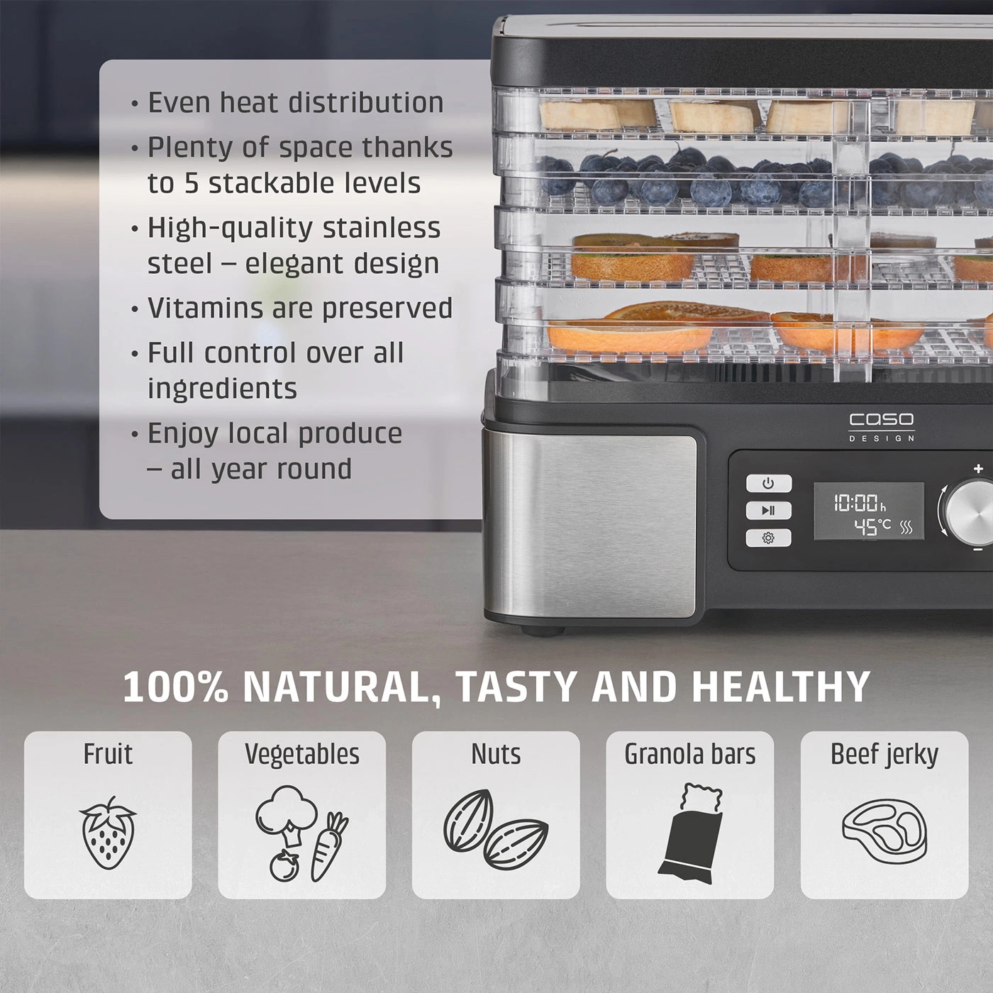 Food dehydrator with fruits, vegetables, nuts, granola bars and beef jerky. 100% natural, delicious and healthy.