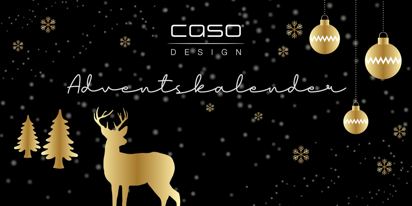 Goldener Hirsch, Tannenbäume, Schneeflocken und Christbaumkugeln auf schwarzem Hintergrund.