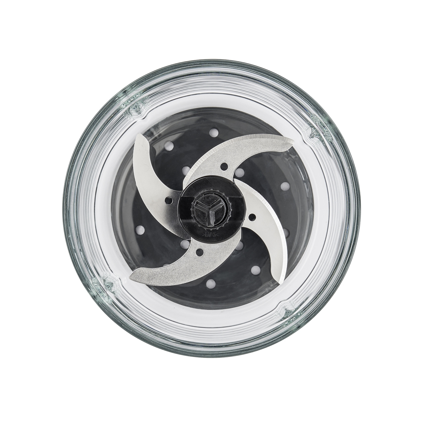Close-up of a food processor with blades and glass container, viewed from above.