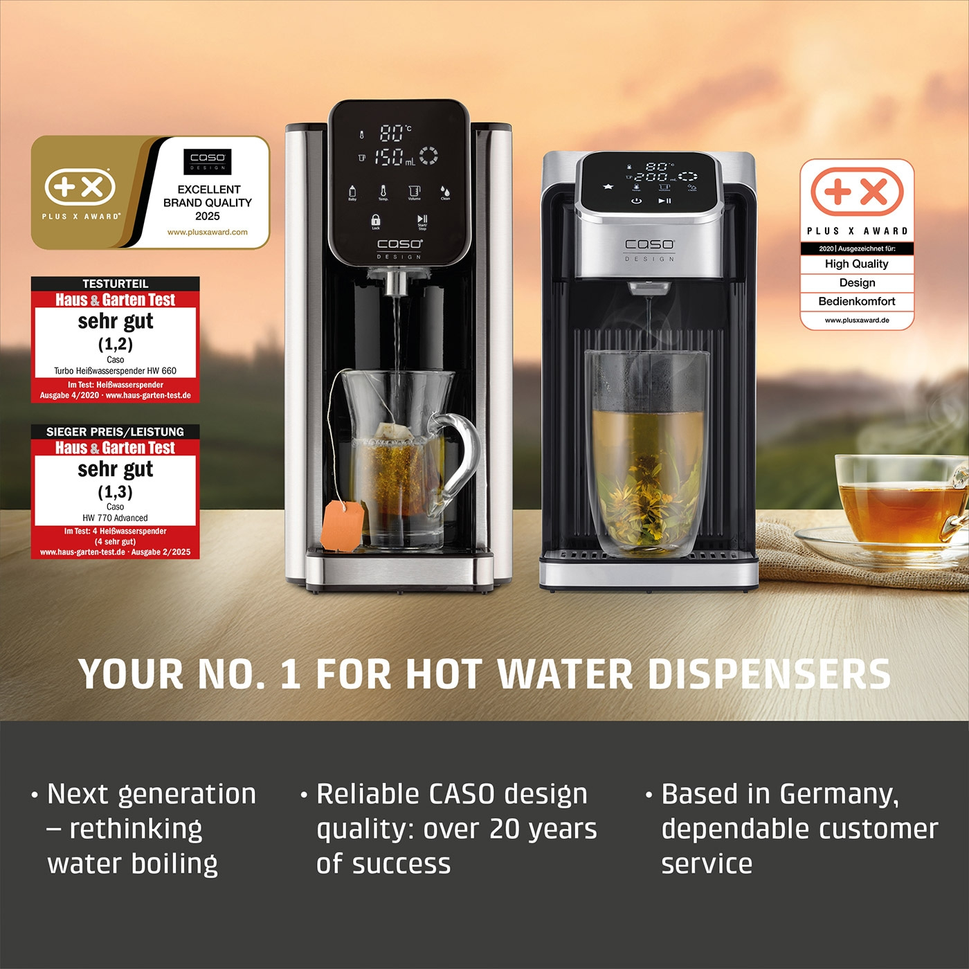 Two Caso hot water dispensers with awards and tea preparation.