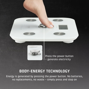 Digital body scale with "Body-Energy-Technology" and footprint