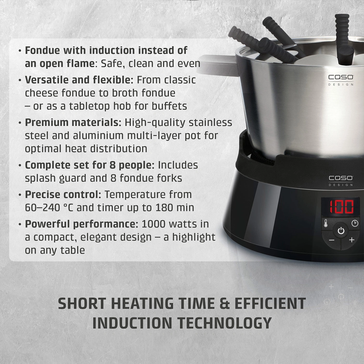 An induction fondue set with detailed product features and an image of the appliance.