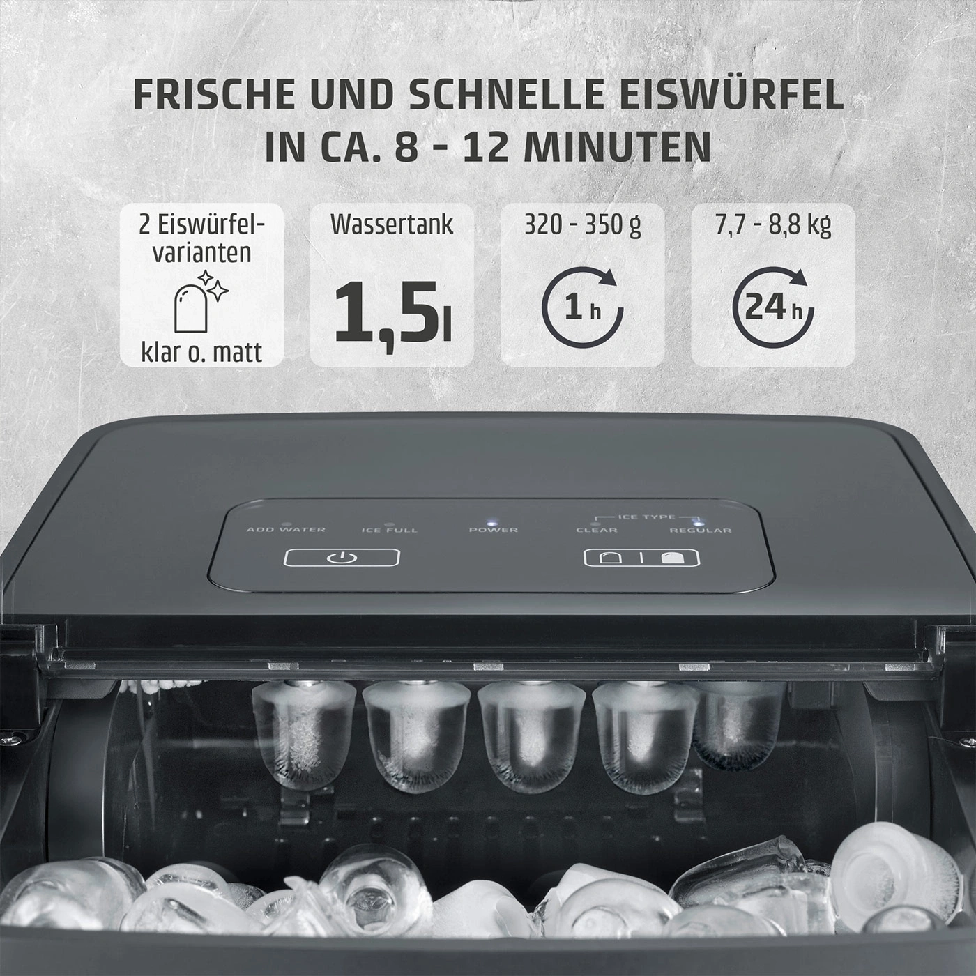 Eiswürfelmaschine mit frischen und schnellen Eiswürfeln in 8-12 Minuten.
