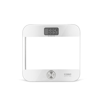 Weiße Personenwaage mit digitaler Anzeige, Gewicht 68,5 kg, Caso Design.