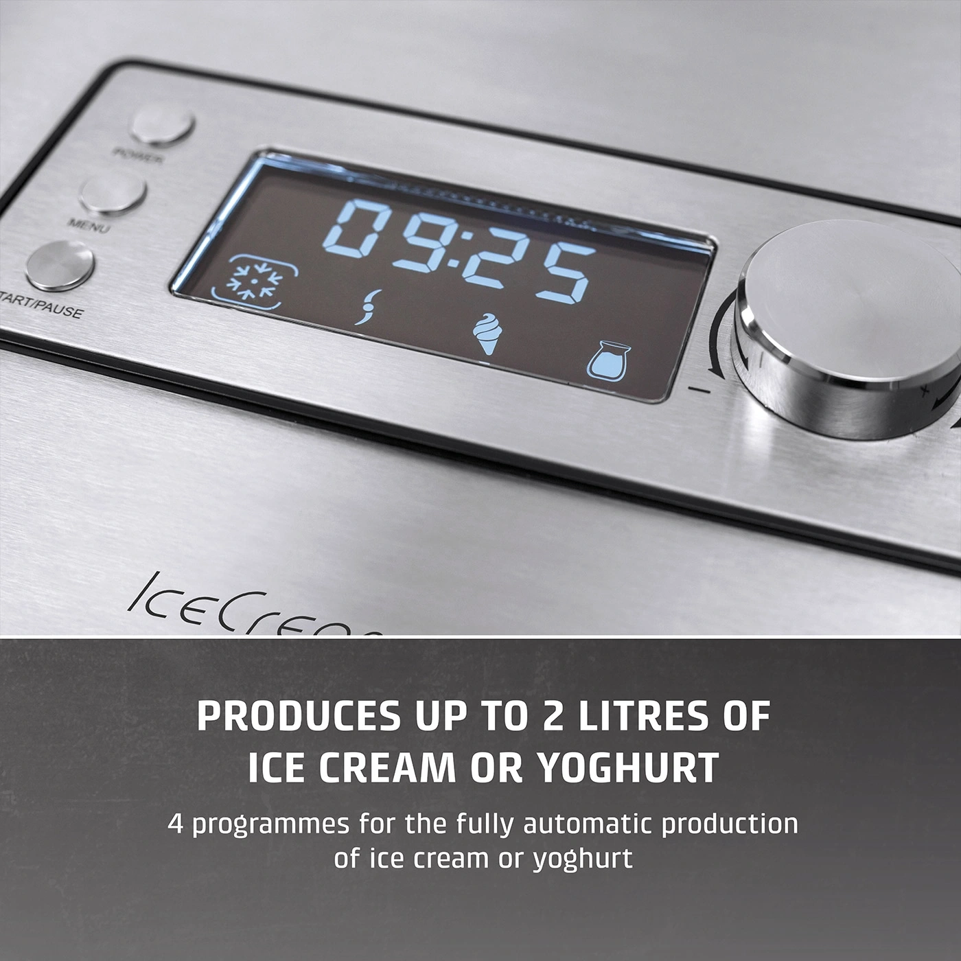 Ice cream maker with display, ice cream and yogurt production, 30-60 minutes.