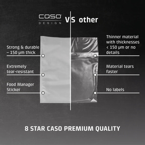 Comparison of CASO vacuum bags: Stronger, tear-resistant, with stickers.