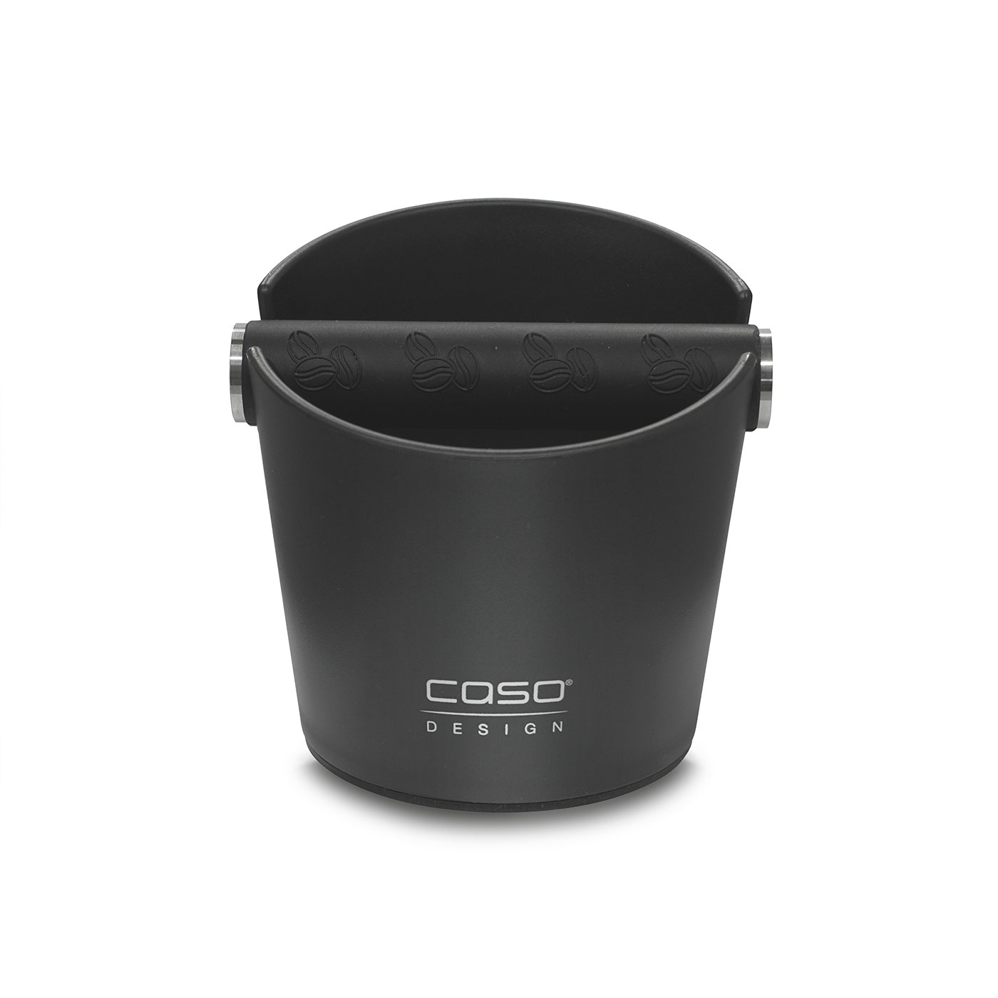 Black coffee knock box with coffee bean design and Caso logo on a white background.