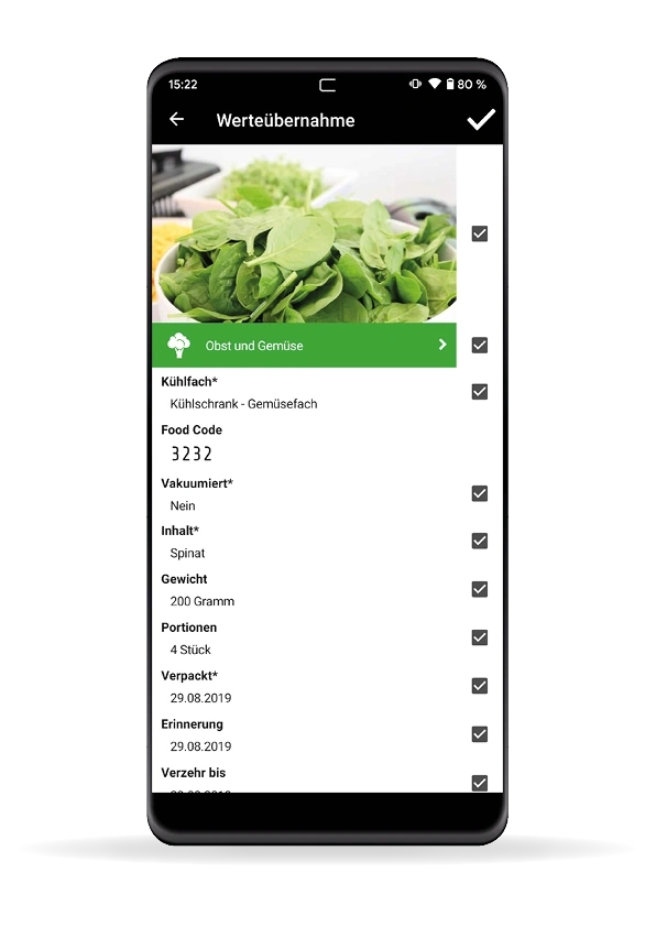 Ein Smartphone zeigt Details zu Spinat an, mit Informationen wie Food Code und Gewicht.