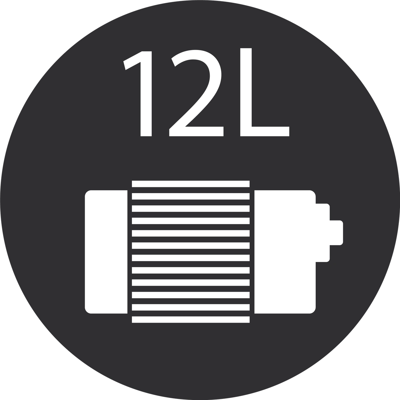 Batterie-Symbol mit der Aufschrift 12L in einem dunklen Kreis, schwarz-weiß.