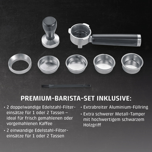 Espressomaschinen-Zubehör-Set mit Tamper, Sieben und Siebträger auf dunklem Hintergrund
