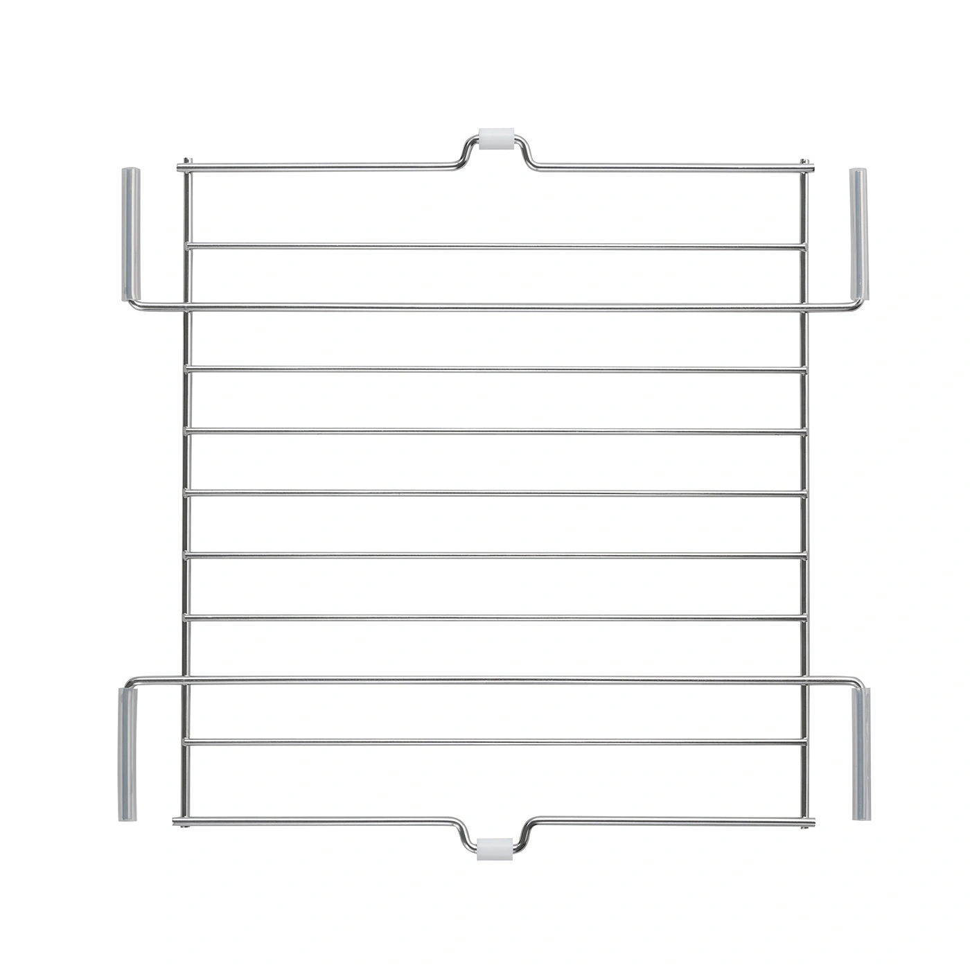 Metal oven rack with horizontal bars and side holders, shiny and clean