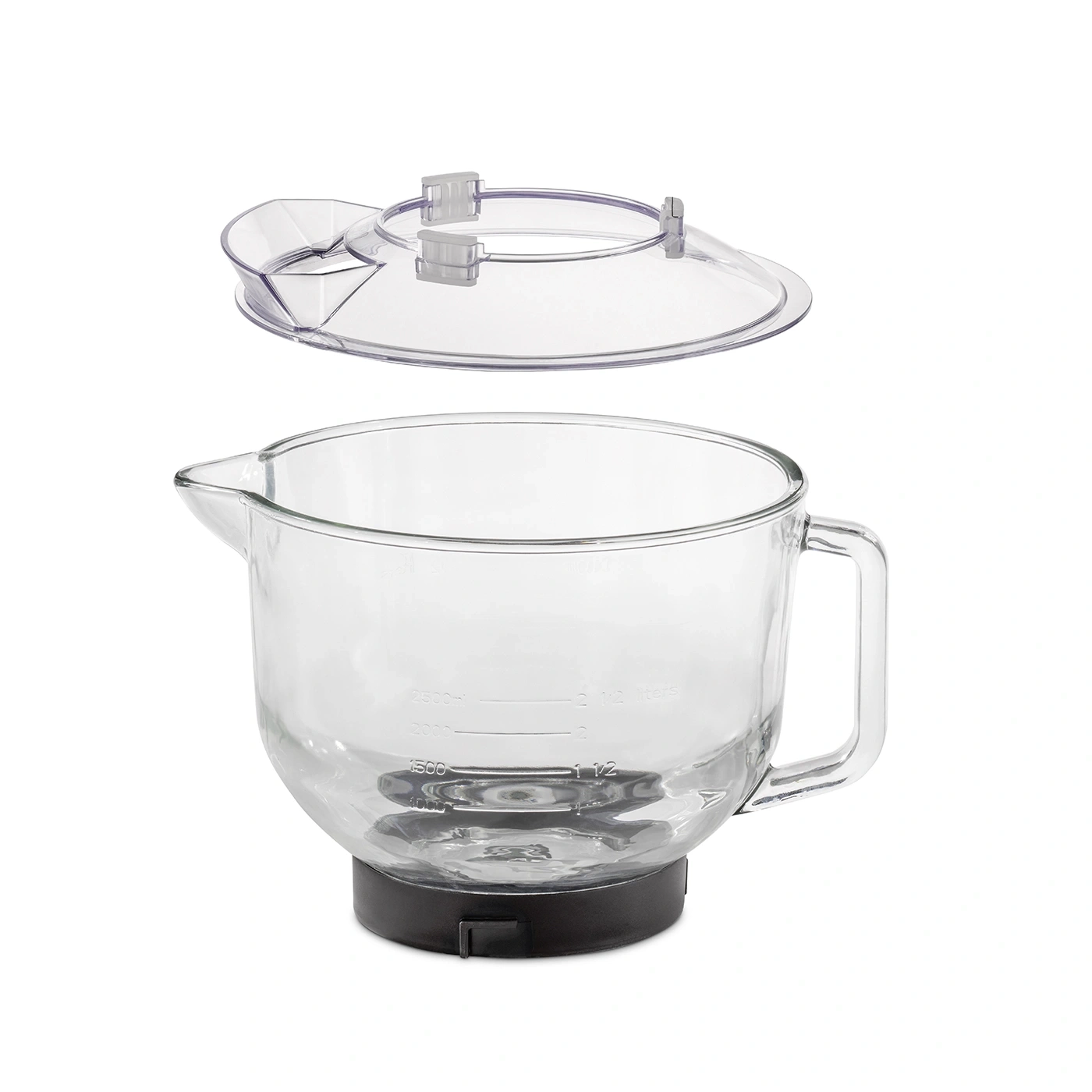Glass mixing bowl with lid, transparent, with handle and measurement scale, isolated on white background