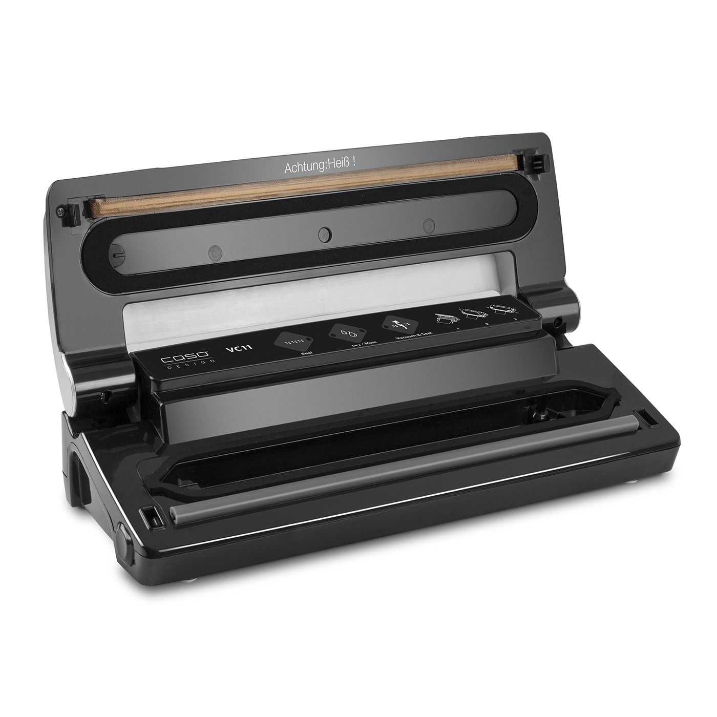Black Caso VC11 vacuum sealer, open, with control panel and the text 'Achtung:Heiß!'