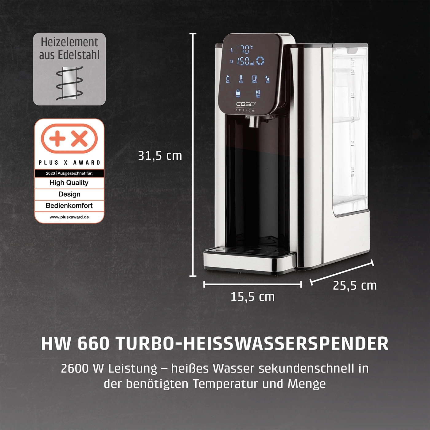 Ein silberner Heißwasser-Spender mit digitalem Display und Wasserbehälter.