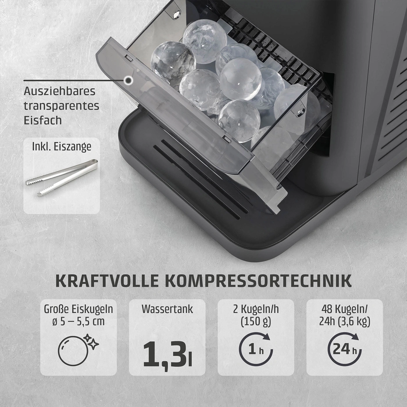 Eismaschine mit runden Eiswürfeln und Zange, Kraftvolle Kompressortechnik