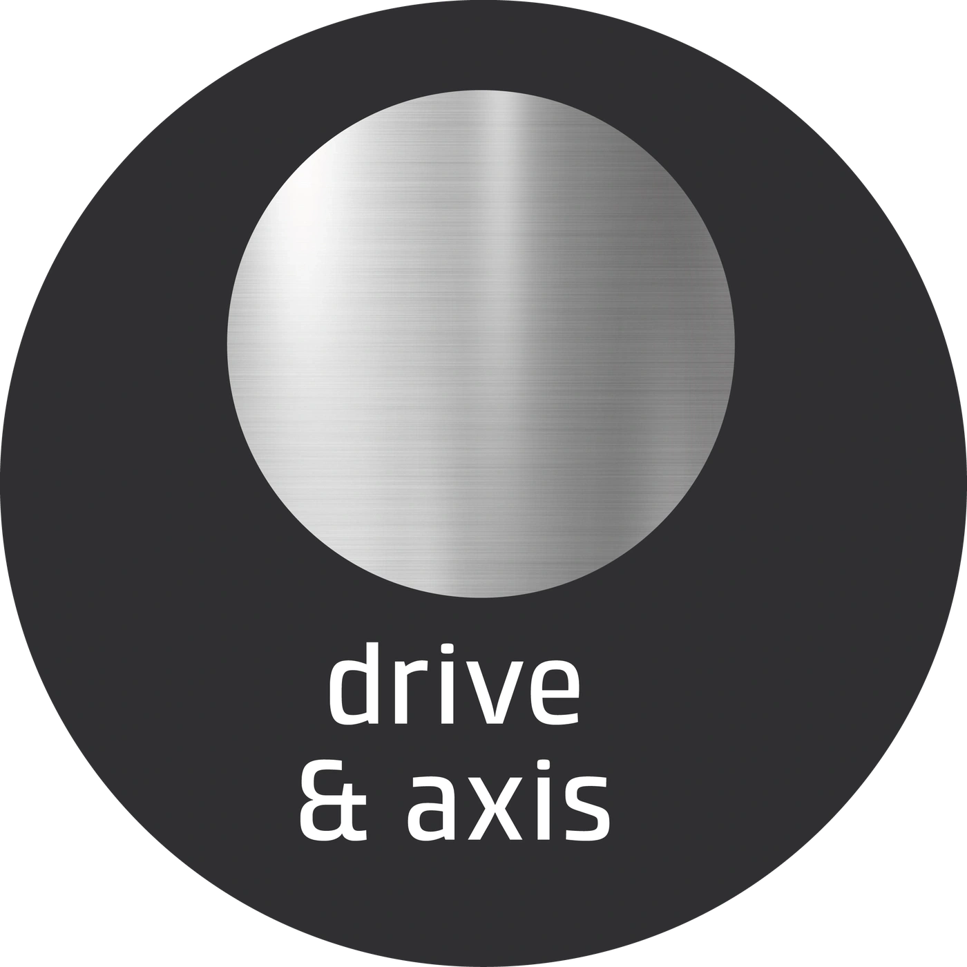 Circular logo with 'drive & axis' text and metallic background design