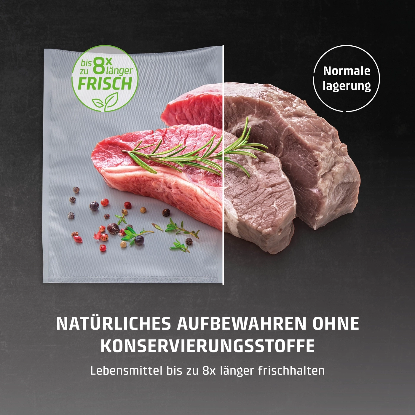Fleisch in Vakuumbeutel, hält Lebensmittel bis zu 8x länger frisch