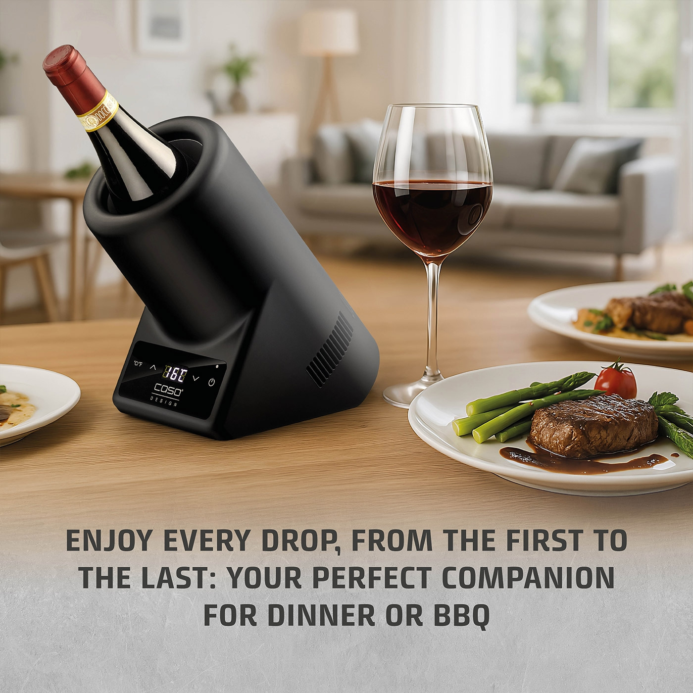Wine cooler with wine, glass, food. Perfect for dinner or BBQ.