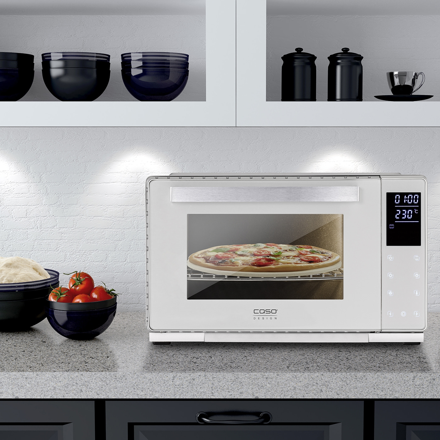 Oven with pizza, tomatoes, dough, bowls, kitchen, food, cooking, design, white, black