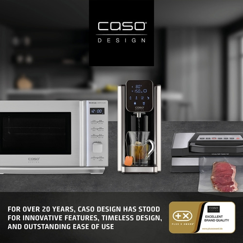 Caso Design kitchen appliances: microwave, kettle, vacuum sealer, and meat.