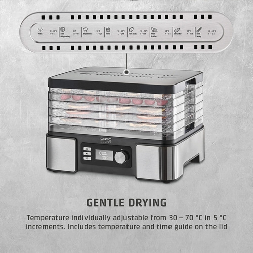 Food dehydrator with temperature and time settings for various food items.