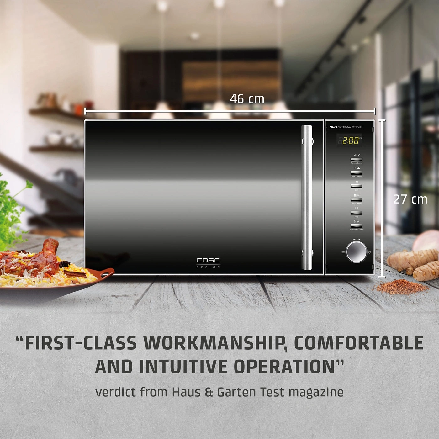 A modern black Caso microwave oven with cooking utensils and a food dish.