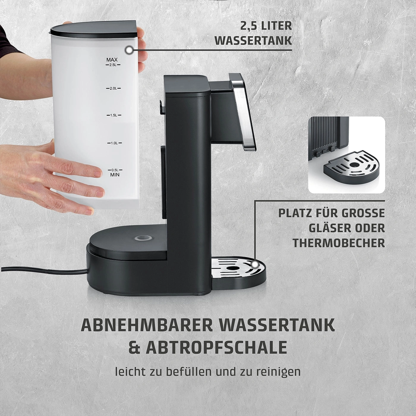 Kaffeemaschine mit abnehmbarem Wassertank, Platz für große Gläser und Thermobecher.