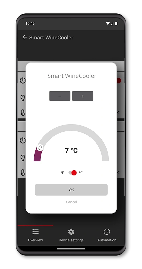 Ein Smartphone zeigt eine Weinkühler-App mit Temperatureinstellung an.