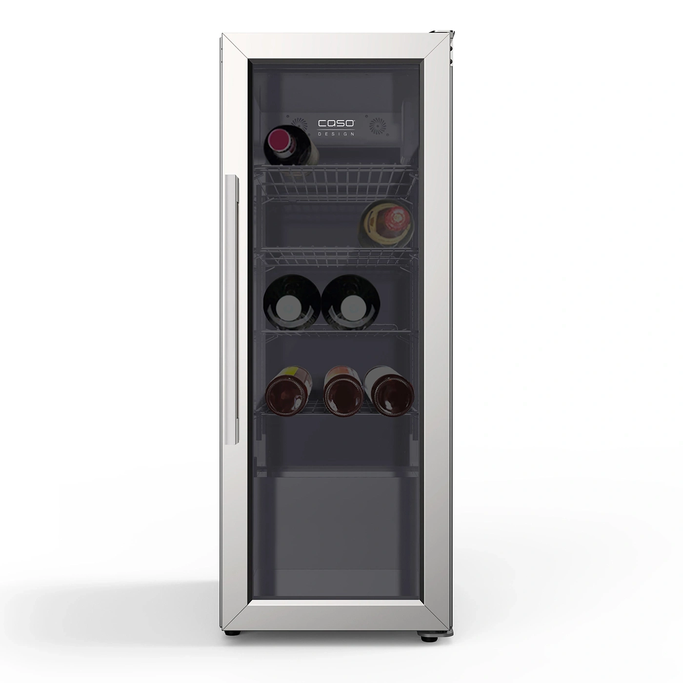 Wine cooler with glass front, filled with wine bottles, Caso Design logo