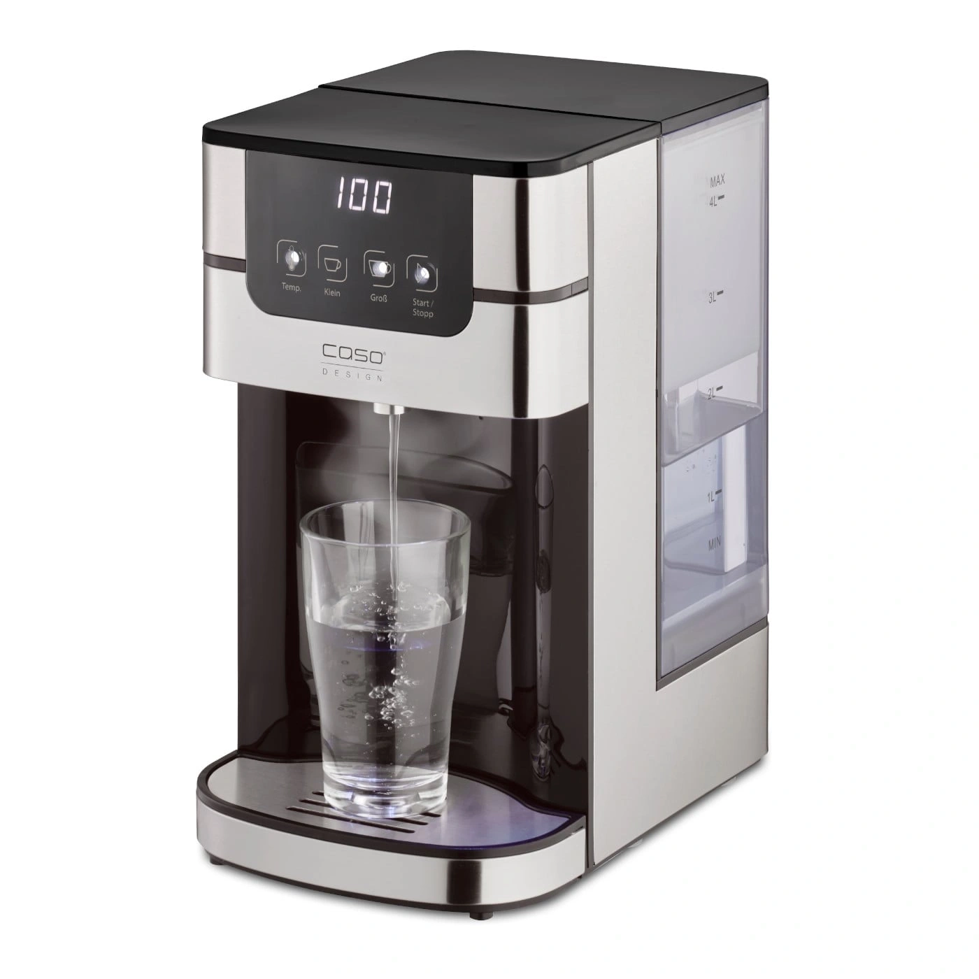 Water boiler with glass, water pouring into glass, temperature display