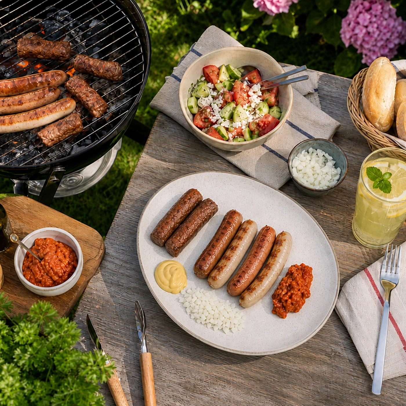 Ein Picknicktisch mit Würstchen auf dem Grill, Salat und Brot.