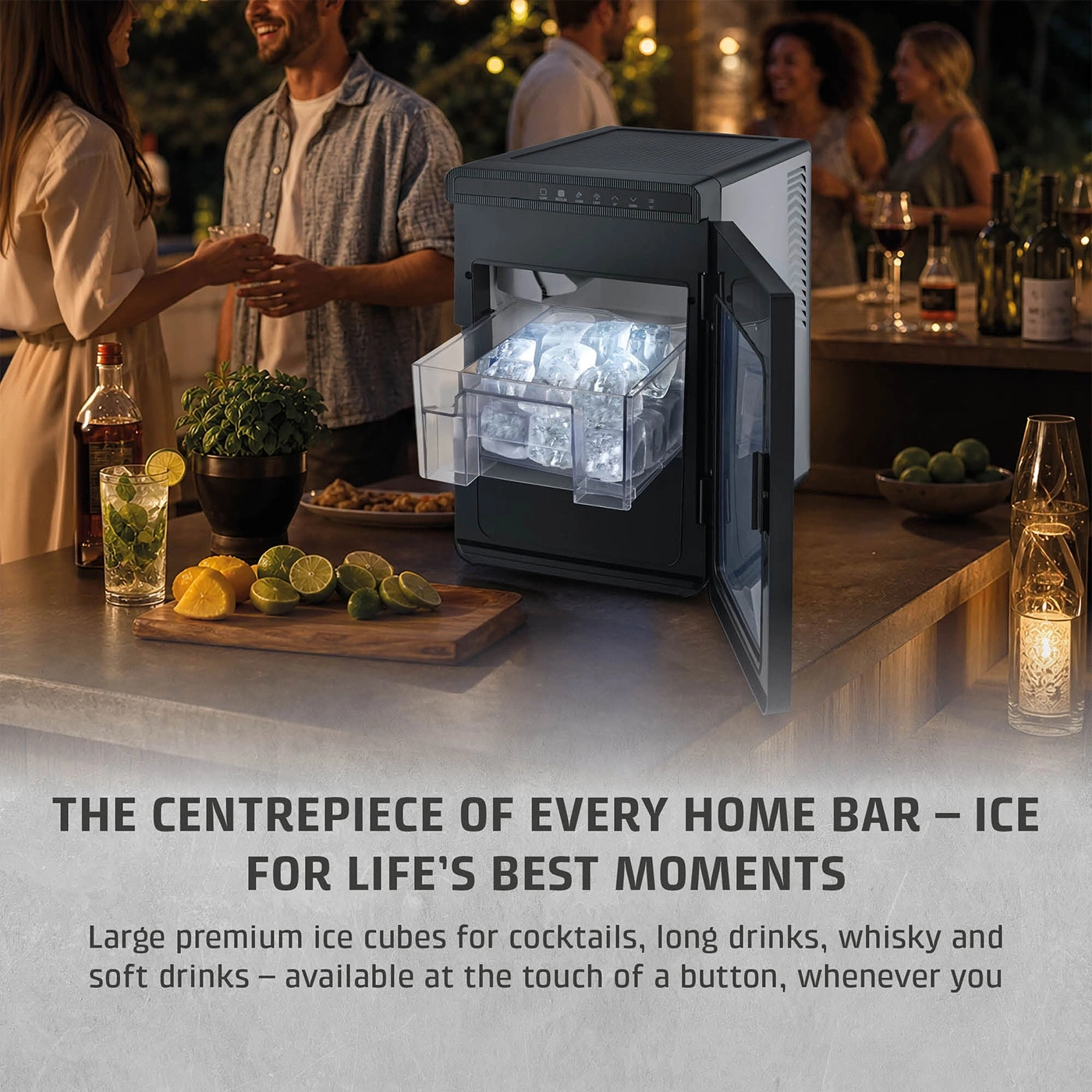 Ice maker in use for cocktails and long drinks with glowing ice cubes.