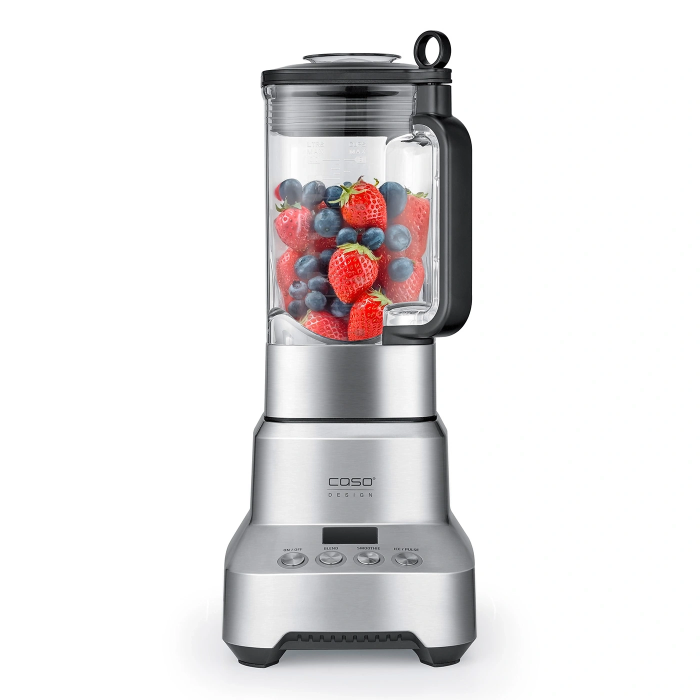 A silver blender filled with berries, on a white background.