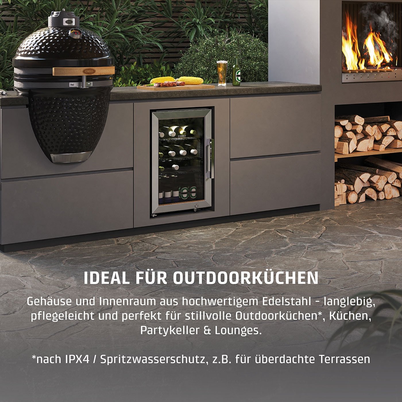 Outdoor-Küche mit Grill, Kühlschrank, Feuerstelle und Text.