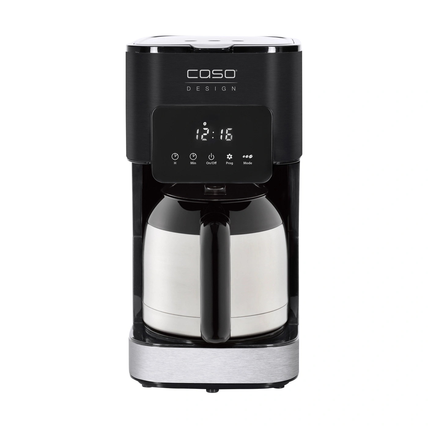 Black coffee machine with digital display and thermal carafe, Caso Design.