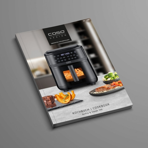 Kochbuch mit Airfryer und Essen, Caso Design, innovative Küchentechnik.