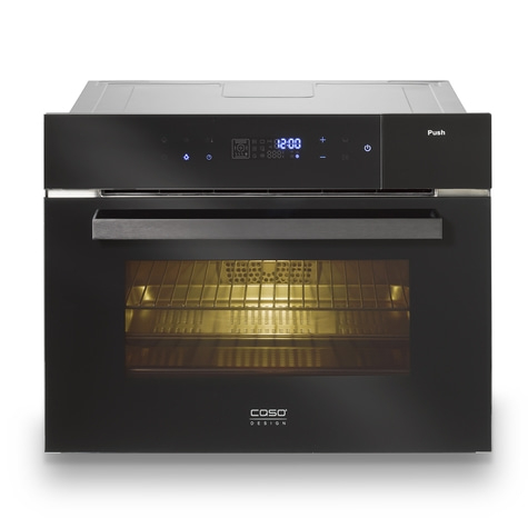 Black oven with digital display and push function, Caso Design appliance.