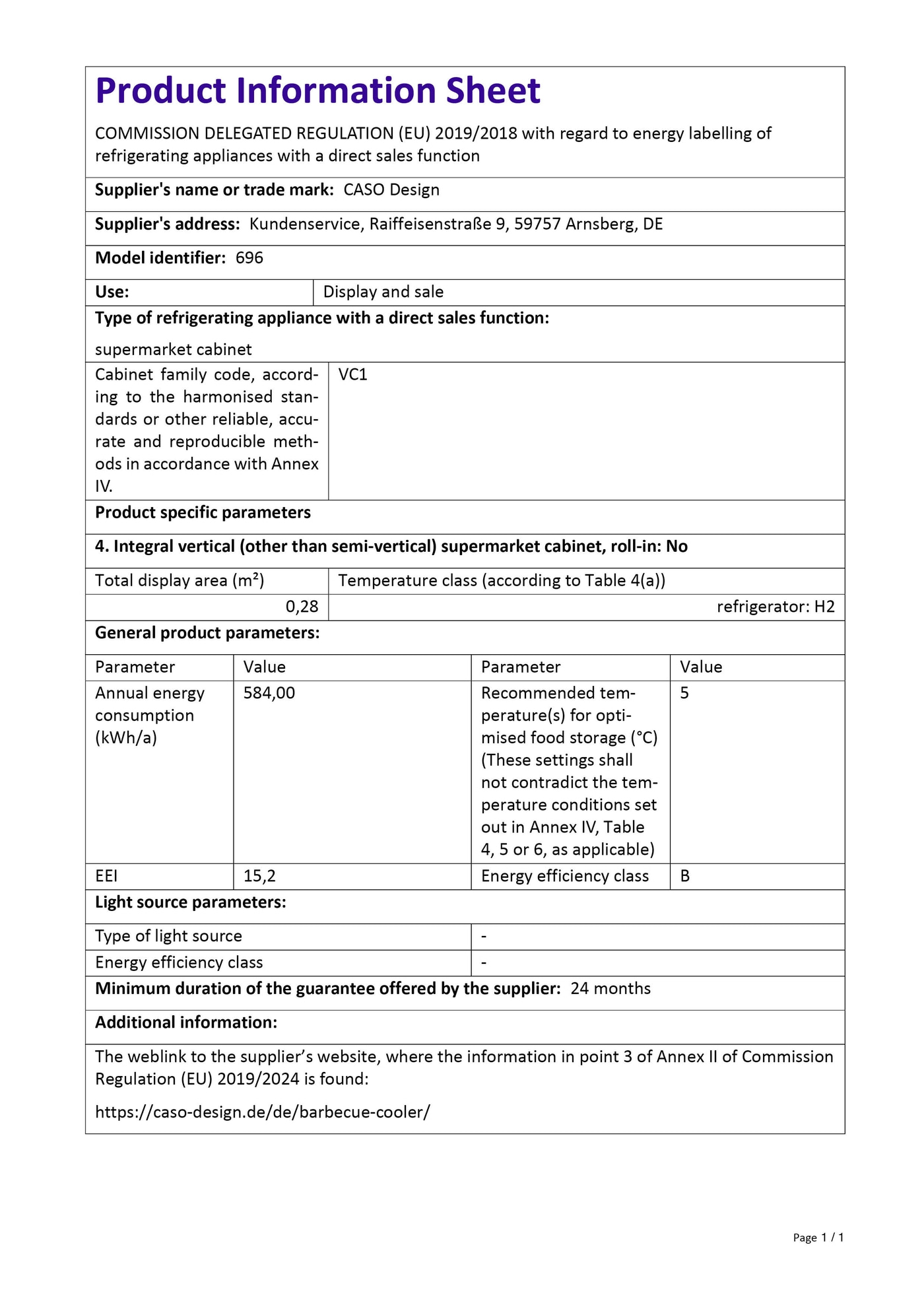 Product data sheet: refrigerator, energy efficiency, temperature, manufacturer, model number.