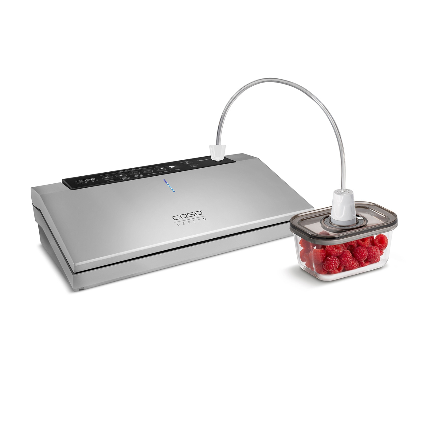 Vacuum sealer with container and raspberries, silver, Caso Design.