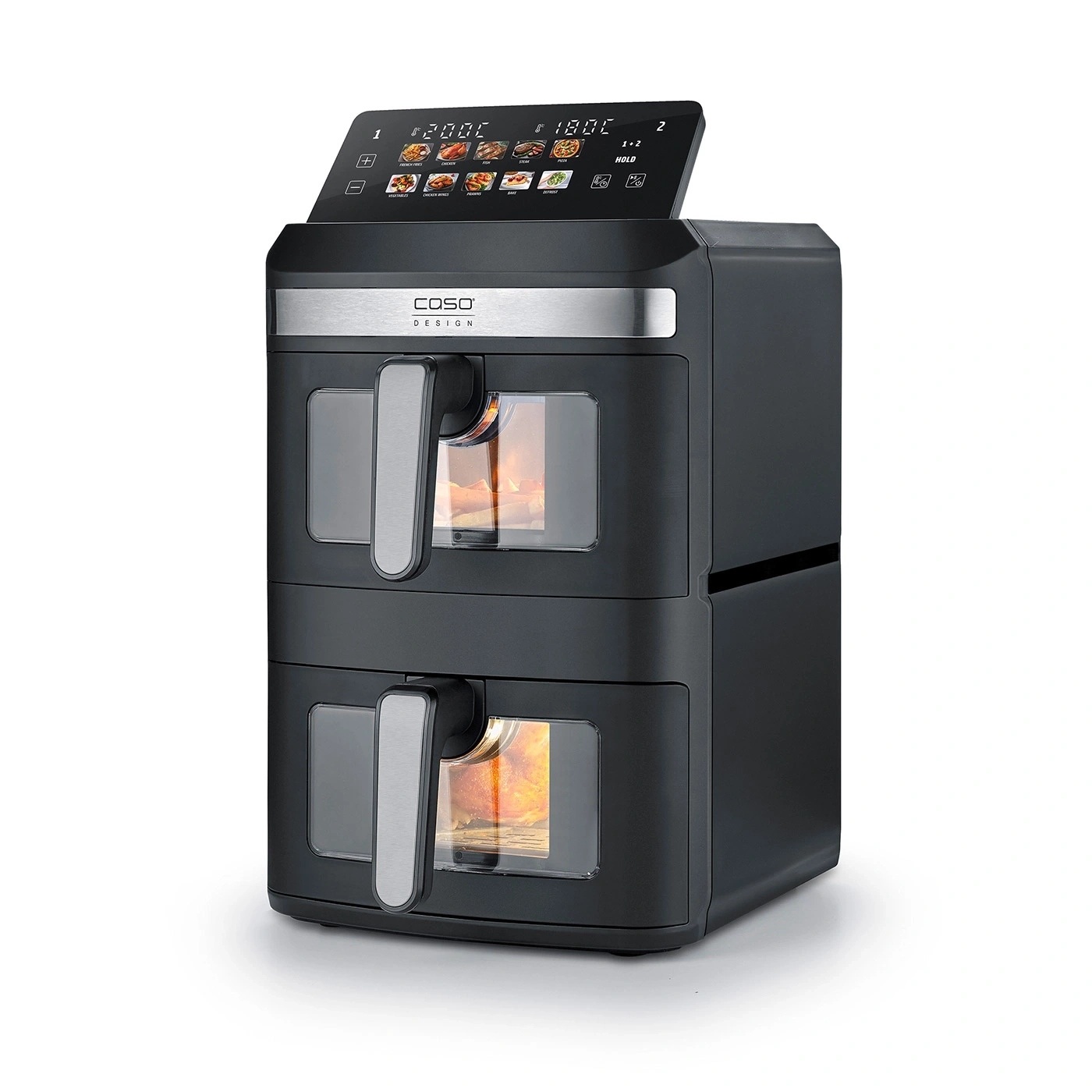 Dual air fryer with digital controls, viewing windows, and food presets.